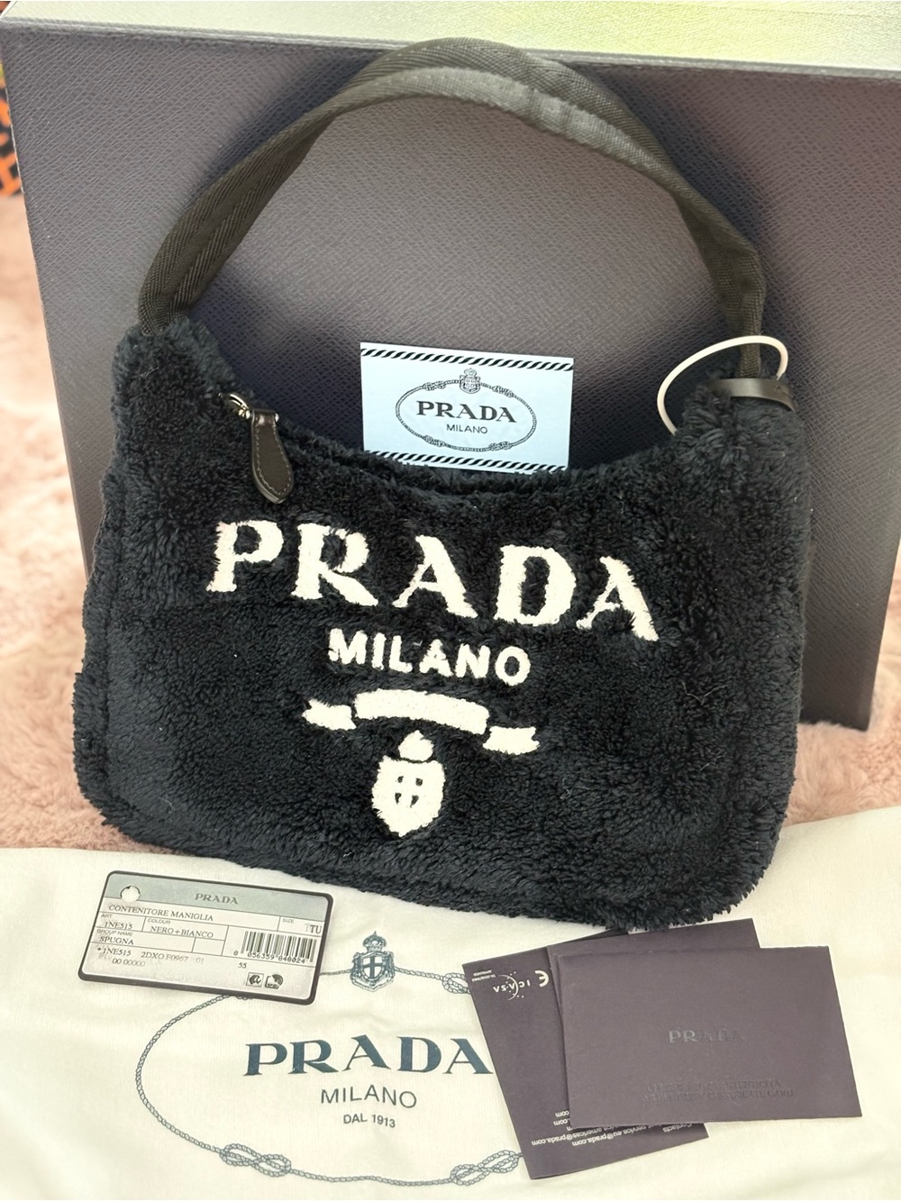 Prada Black Shearling Logo Shoulder Bag with White Contrasting Logo